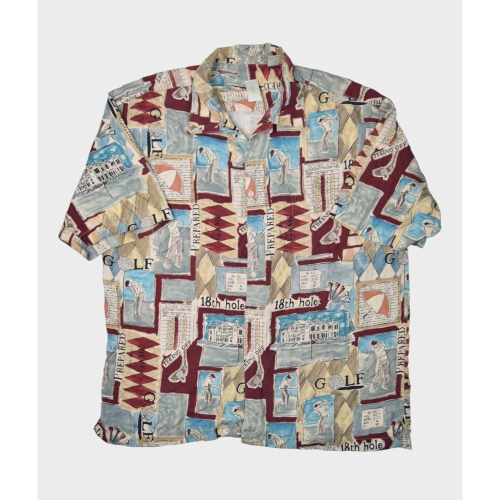 Burma Bibas Shirt Mens Large Silk Loop Collar Golf Graphic Print Camp Button Up